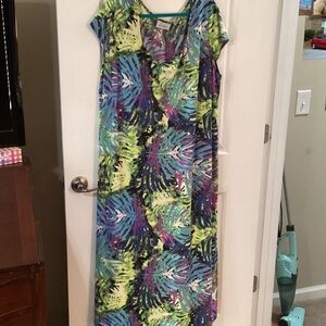 Tropical Leaf Print Maxi Dress in Blue, Green & Purple